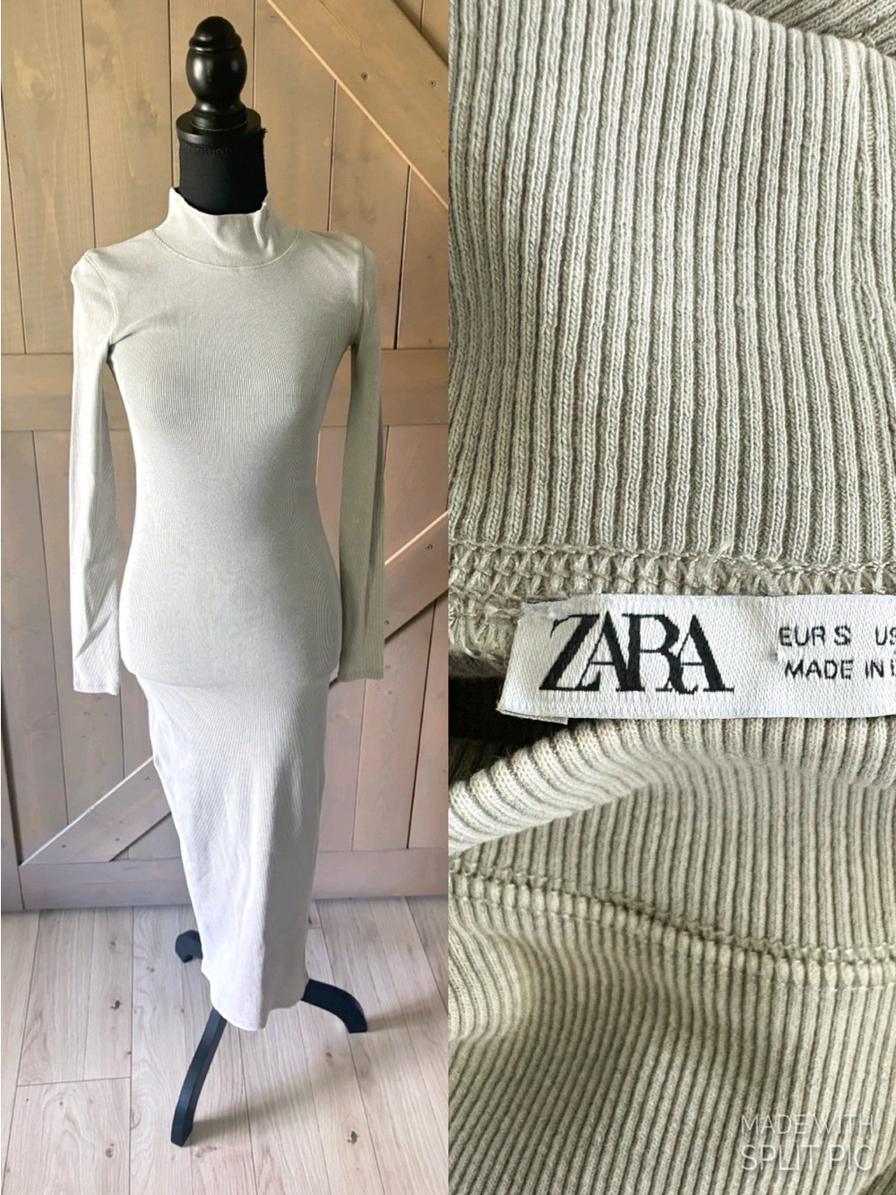 NWOT Zara Gray Bodycon Midi Dress Mock Neck Ribbed Knit Long Sleeve Stretch S
